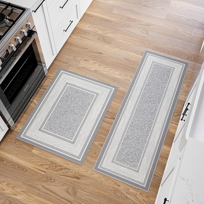 Ottomanson 2-Piece Kitchen Rug Set - Non Slip, Runner & Small Area Rug - Border - 20" x 59" & 2'3" x 3' - Durable, Stain Resistant for Entryway, Bedroom and Bathroom, Light Gray