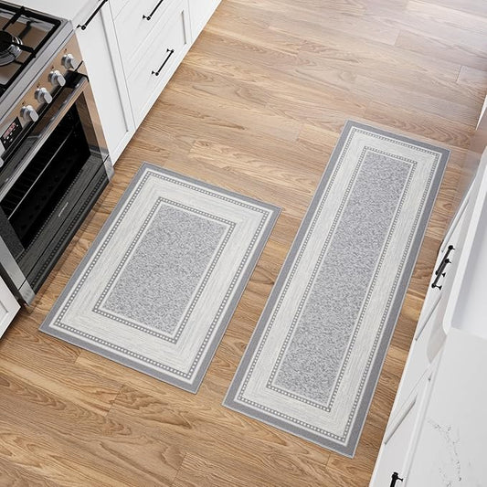 Ottomanson 2-Piece Kitchen Rug Set - Non Slip, Runner & Small Area Rug - Border - 20" x 59" & 2'3" x 3' - Durable, Stain Resistant for Entryway, Bedroom and Bathroom, Light Gray