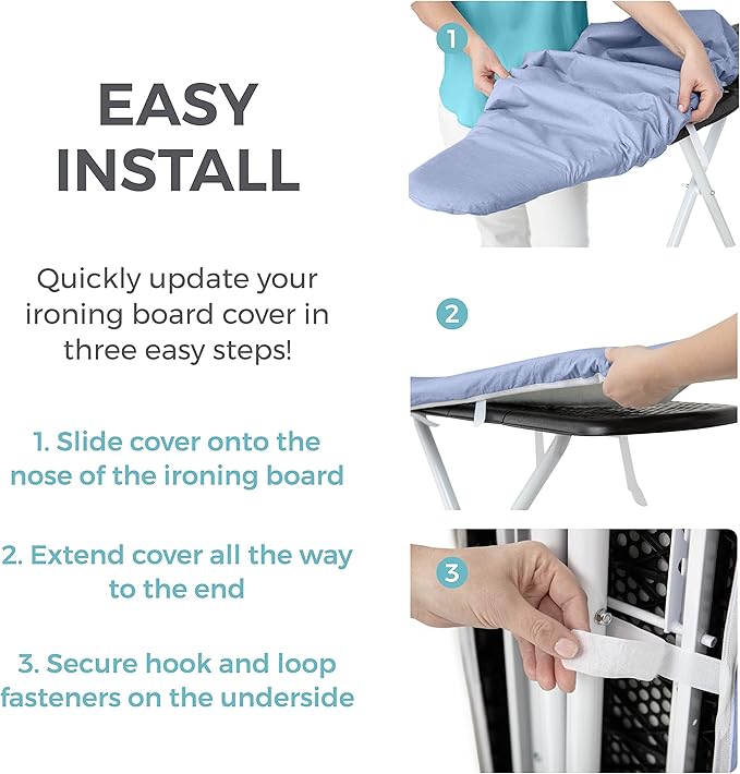 HOME GENIE Ironing Board Cover, Silicone Coating, Full Size Scorch Resistant Padding, Elastic Edge Heavy Duty Iron Pad Covers Standard Boards, Hook and Loop Fastener Strap Extra Thick, Blue 15 x 54