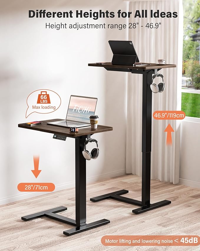 Mobile Standing Desk with Wheels - Electric Height Adjustable Small Movable Laptop Desk, Portable Rolling Computer Workstation Sit Stand Table for Home Office, Sofa & Bedside Use(23.6", Walnut)