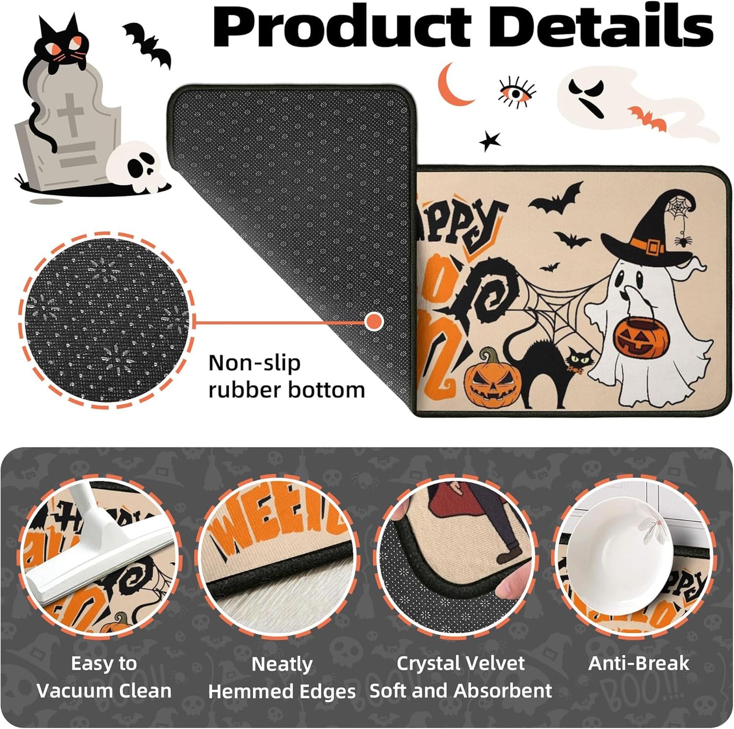 2 Piece Halloween Kitchen Decor Rugs Set,Cute Ghost Kitchen Rugs and Mats Non Skid Washable Absorbent Kitchen Accessories Decoration Floor Mats 17"x47"+17"x30"