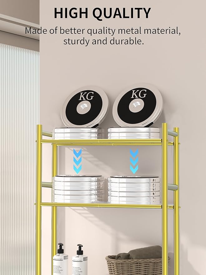 3 Tier Over The Toilet Storage Rack with 2 Basket, Metal Freestanding Bathroom Shelves Toilet with Paper Holder and 4 Hooks, Over Toilet Storage Shelf for Bathroom Storage, Glod