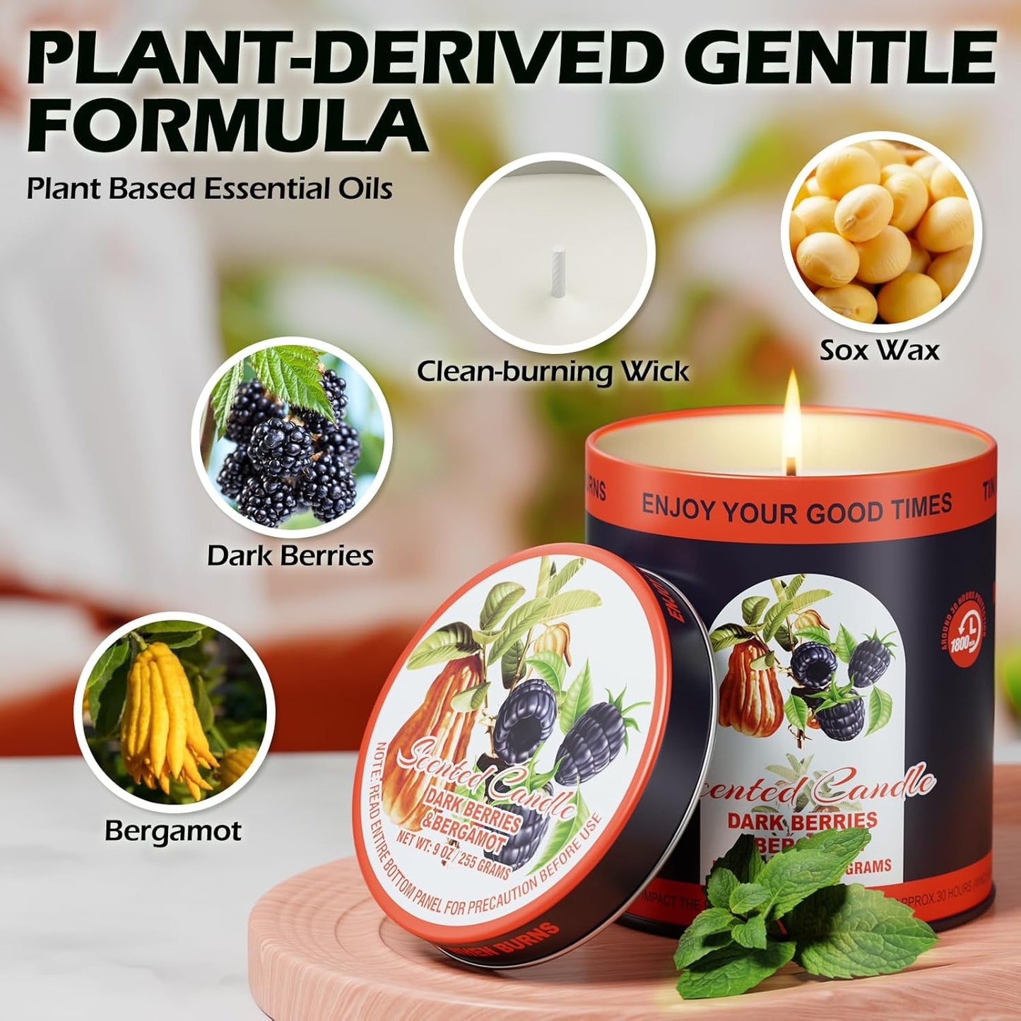 Premium Dark Berries & Bergamot Soy Wax Scented Candle Set - 9oz x 2 Pack, 80-Hour Burn Time, 8% Essential Oils for Aromatherapy Tin Jar Candle, Smoke-Free Relaxation,Yoga & Spa Gifts for Women/Men