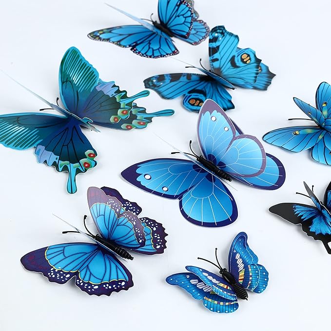 24PCS Butterfly Wall Decals Removable 3D Butterflies Decor for Wall Sticker Mural Stickers Home Decoration Kids Room Bedroom Decor (Double Layer-Blue/24PCS)
