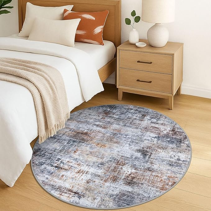 IOHOUZE Round Area Rug 5 Ft Circle Entryway Rugs Round Washable Door Mat Indoor Entrance, Non Slip Circle Front Door Rug, Printed Abstract Faux Wool Floor Carpet for Foyer Porch Sink, Orange Grey