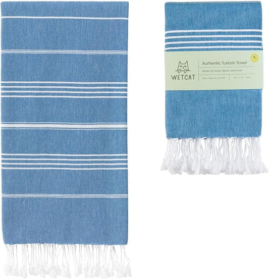 WETCAT Turkish Beach Towel Oversized (38"x71") 100% Turkish Cotton, Made in Turkey - Sand Free, Extra Large, Ultra Soft, Quick Drying, Compact & Lightweight for Travel - Blue