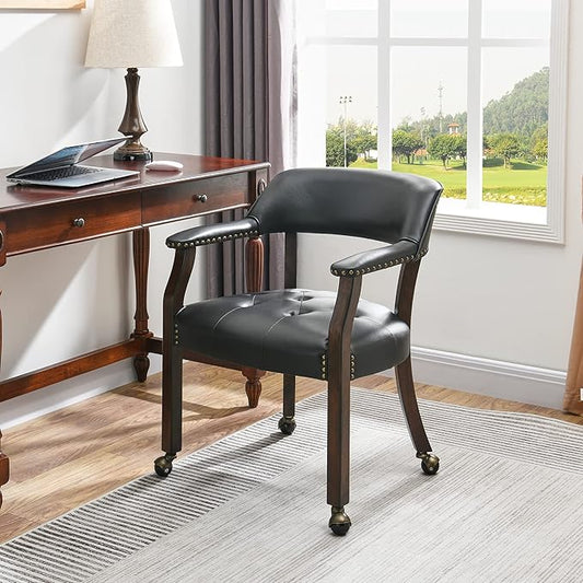 MODERION Large Dinning Chairs with Solid Wood Legs, Boss Caption's Chairs, Office Desk Chairs with Wheels, Classic Swivel Accent Chairs with Upholstered, 31.5”H for Living Kitchen Black SY318BK