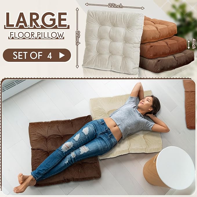 Jerify 4 Pcs Floor Pillow Cushions 22 x 22 Inch Round Square Large Meditation Floor Pillow for Classroom Adult Meditation Picnic Party Cushion for Seating Gift Christmas(Brown,Square)