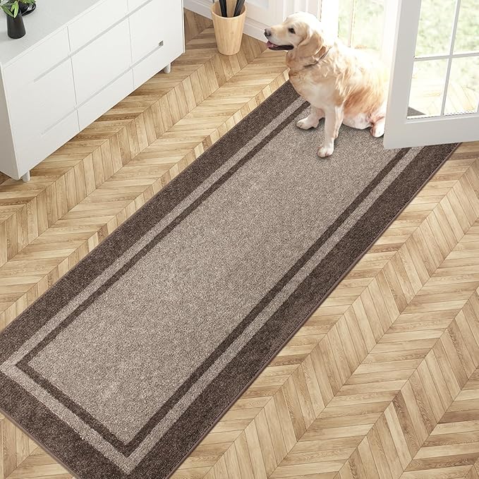 PURRUGS Dirt Trapping Door Mat 24" x 70", Non-Slip/Skid Machine Washable Entryway Rug, Shoes Scraper, Area Rug, Super Absorbent Welcome Mat for Muddy Wet Shoes and Paws, Beige & Grayish Brown