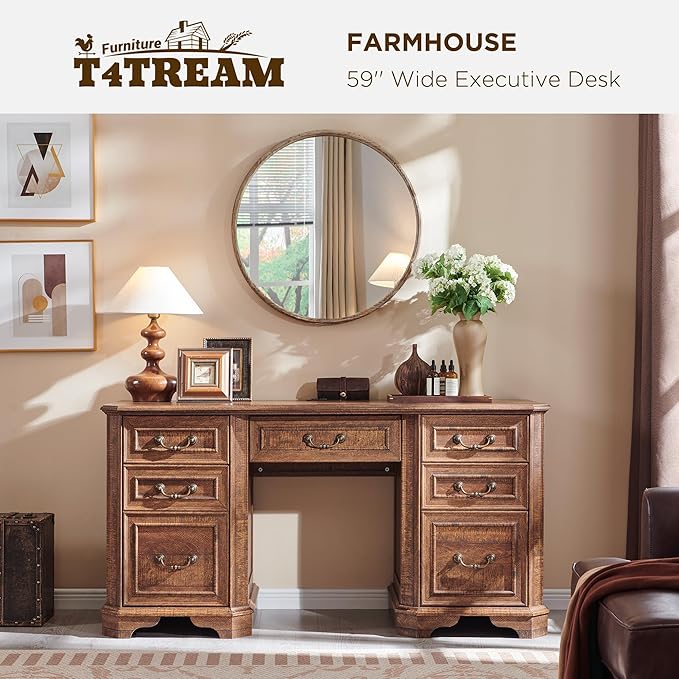 T4TREAM 59" Farmhouse Executive Desk with Drawers,Wood Home Office Computer Desk, Featuring Keyboard Tray,Charging Station,File Drawer, Storage Cabinet,for Work and Study (Reclaimed Barnwood)