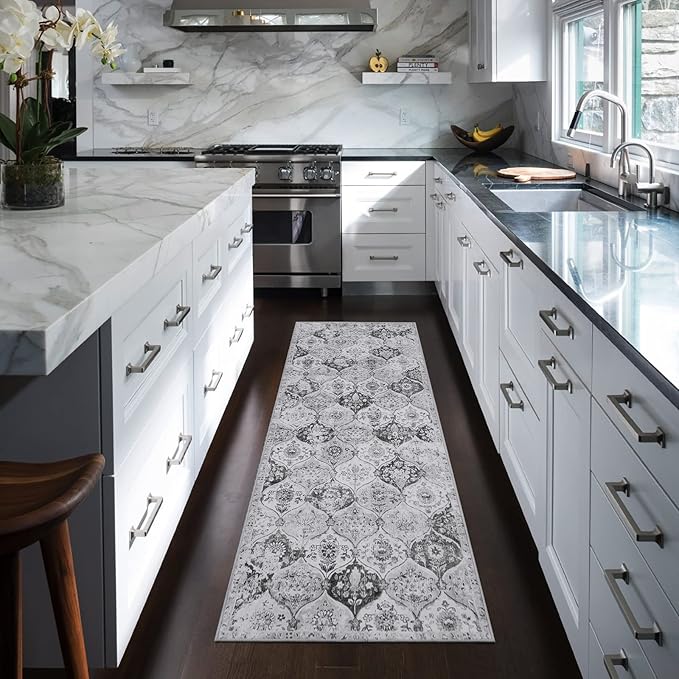 Lahome Moroccan Trellis Washable Runner Rug, 2x6 Kitchen Runners for Hallways 6 Feet Non Slip, Vintage Laundry Room Rug Ultra-Thin Long Carpet for Bathroom Bedroom Entryway, Silver/Grey