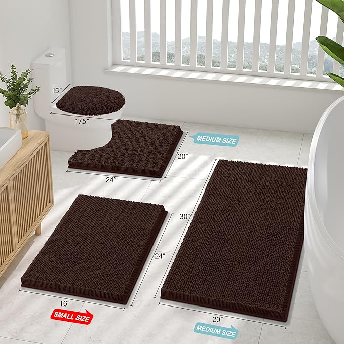 Smiry Luxury Chenille Bathroom Rugs 34x21, Extra Soft and Absorbent Shaggy Bath Mat, Machine Washable, Non-Slip Plush Carpet Runner for Tub, Shower, and Floor, Home Decor Accessories, Brown