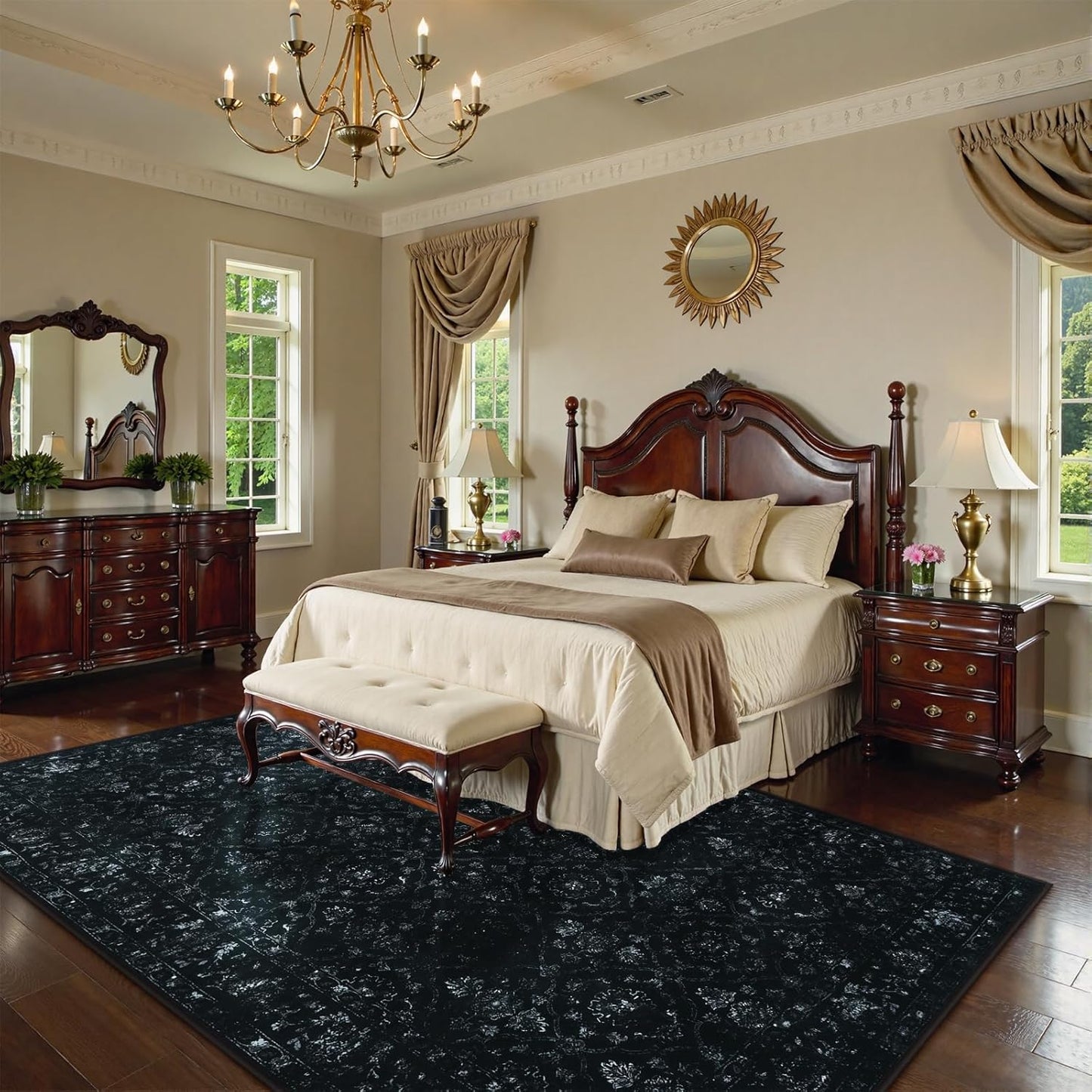 Vintage Washable Black Rugs for Bedroom, Ultra-Thin Soft 6x9 Area Rugs for Living Room Non Slip, Stain Resistant Boho Carpet Rug for Dining Room Office (6'x9', Black)