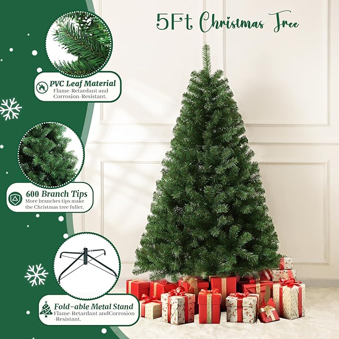 5ft Artificial Christmas Tree, Arbol de Navidad with 600 Branch Tips, Premium North Valley Spruce with Foldable Base Stand, Xmas Tree for Home, Office,Party Decoration-Green
