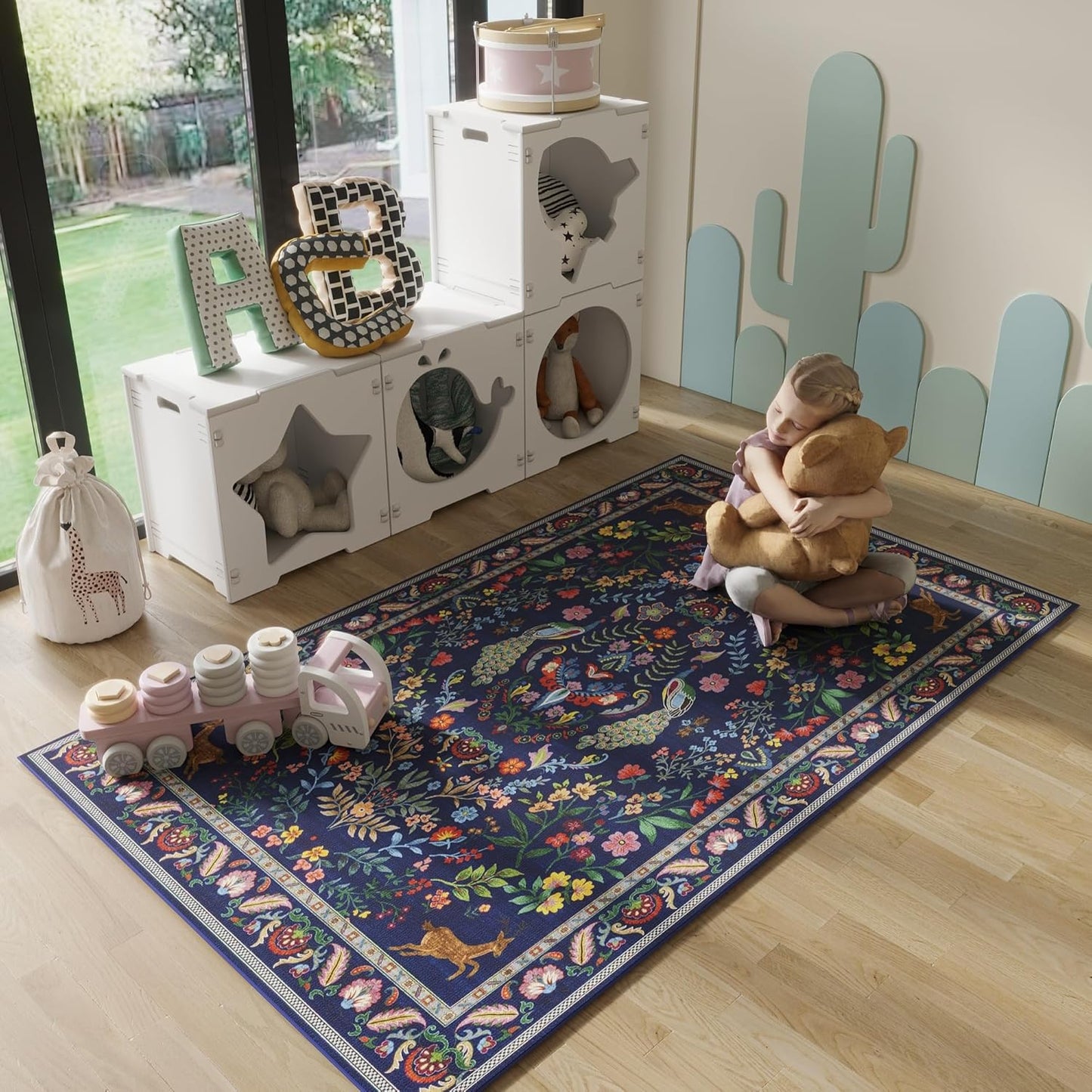 3x5 Rug Washable Area Rug Floral Office Rug Non Slip Small Carpet for Bedroom, Bedside, Kitchen, Entryway, Kids Room, Office(Blue)