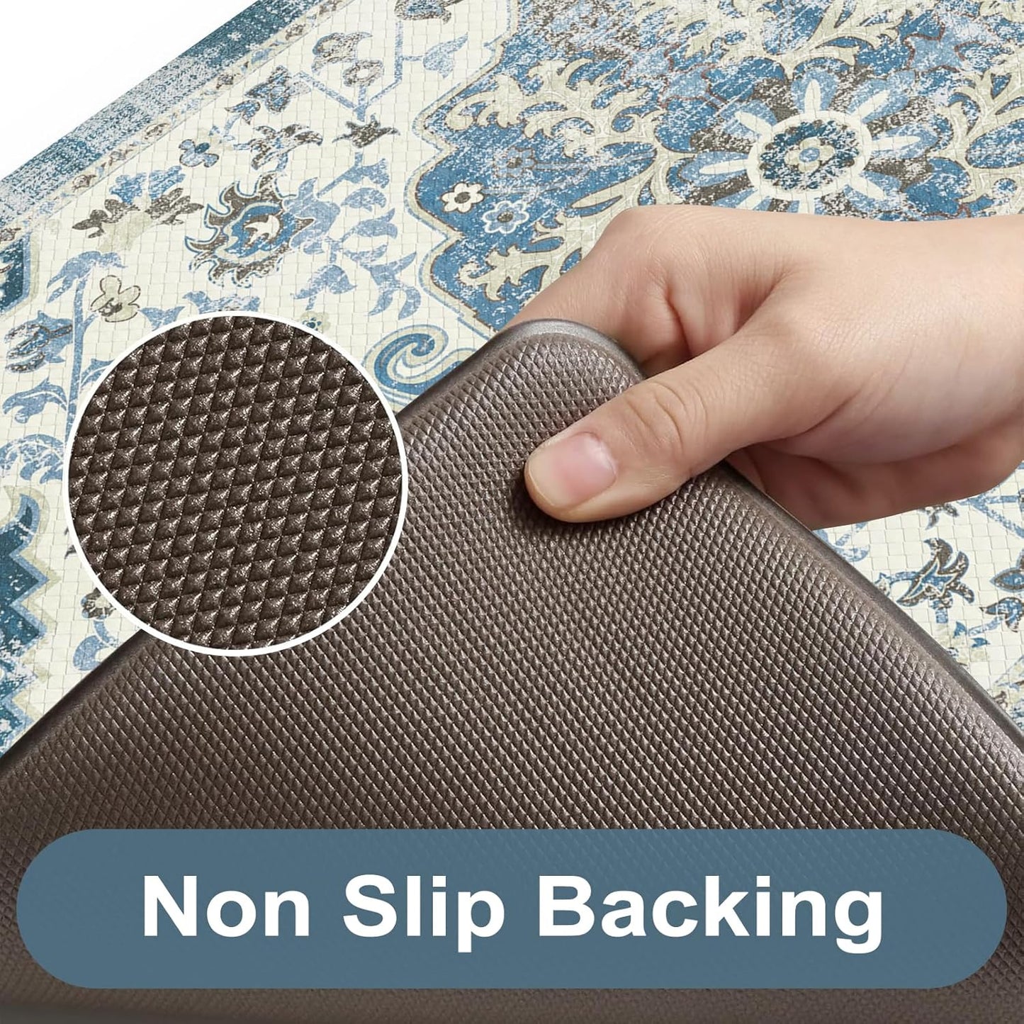 KIMODE Anti Fatigue Kitchen Mats, 17"x47"+17"x29" Boho Vintage Kitchen Rugs Sets of 2, Non Slip Kitchen Mats for Floor, Cushioned Kitchen Floor Mats for Sink Laundry Office Desk Blue Multi