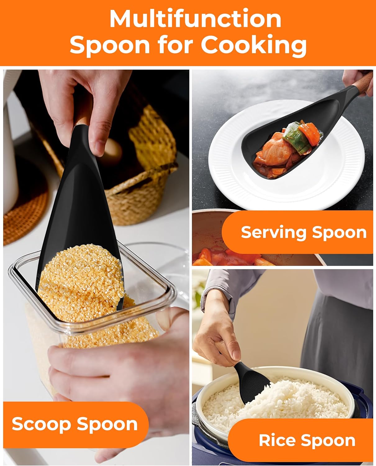 Multifunction Silicone Spatula Spoon 2-Pack Dual-Use-Heat-Resistant 446°F BPA-Free Non-Toxic Cooking for Non-Stick Cookware,Rice Cookers,Wooden Handle Scoop/Serve Meal/Rice Spoon Set (Black)