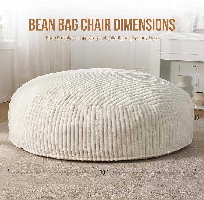 Hobestluk 6ft Bean Bag Chairs for Adults Large Beanbag Chair with Stripe Plush Cover Big Bean Bag Chair for Living Room Bedroom Dorm Office - White (70" x 70" x 15")