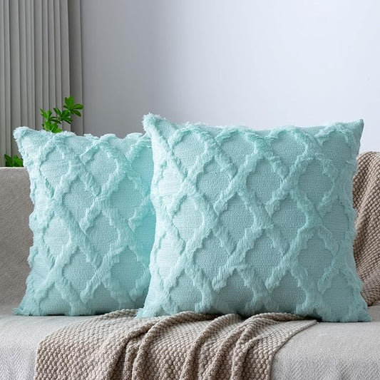 Set of 2 Soft Moroccan Throw Pillow Covers 24x24 Inch Plush Boho Decorative Pillow Cover Accent Cushion Case for Couch Sofa Bed, Light Aqua