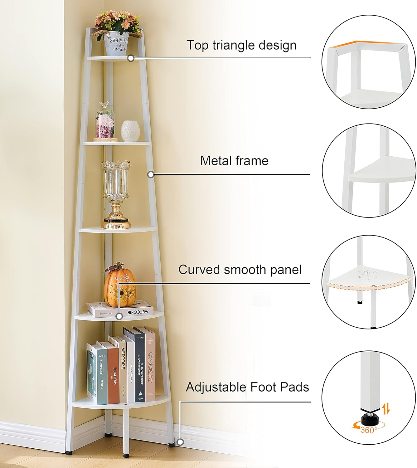 Hoctieon Corner Shelf, 5-Tier Corner Bookshelf, Rustic Ladder Shelf, Industrial Display Stand for Living Room, Kitchen, Home Office, Balcony, Small Space, Metal Frame, White