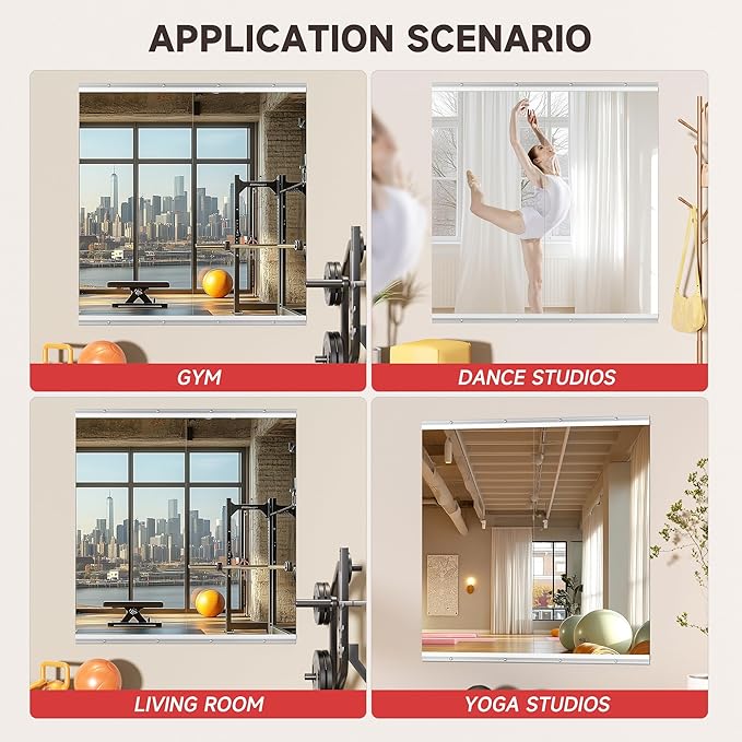 Home Gym Mirror, 48'' x 24'' x 2PCS, Large Full Body Mirror for Yoga, Frameless Tempered Glass, Wall Mounted for Home Gym, Garage, Bedroom, Bathroom