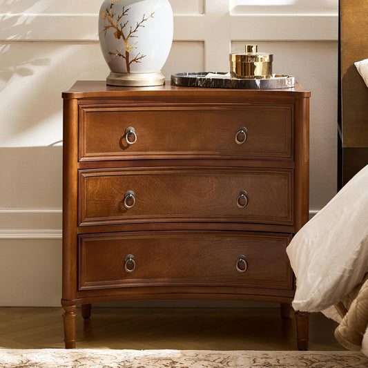 HULALA HOME 3 Drawer Nightstand with Charging Station, 26" Wide Nightstand with Solid Wood Legs and Curved Profile, Classic Bedside Table for Living Room Bedroom, Walnut