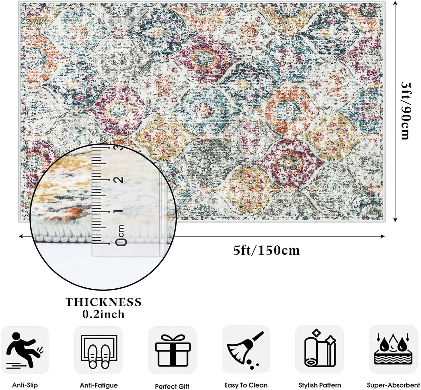 Lahome Moroccan Trellis Washable Small Area Rug, 3x5 Black Rug for Bedroom Living Room, Non-Slip Oriental Accent Throw Carpet for Kitchen Office Entryway Bathroom Office, Aqua/Multi