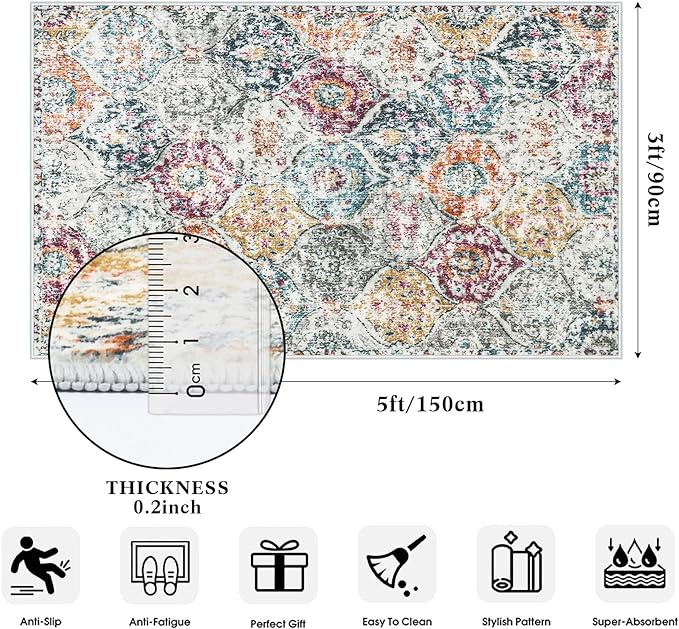 Lahome Moroccan Hallway Rug, 2'5''x8' Kitchen Runner Rugs Non Skid Washable Runners for Hallways, Ultra-Thin Oriental Carpet for Entryway Laundry Room Bedroom Bathroom, Aqua/Multi