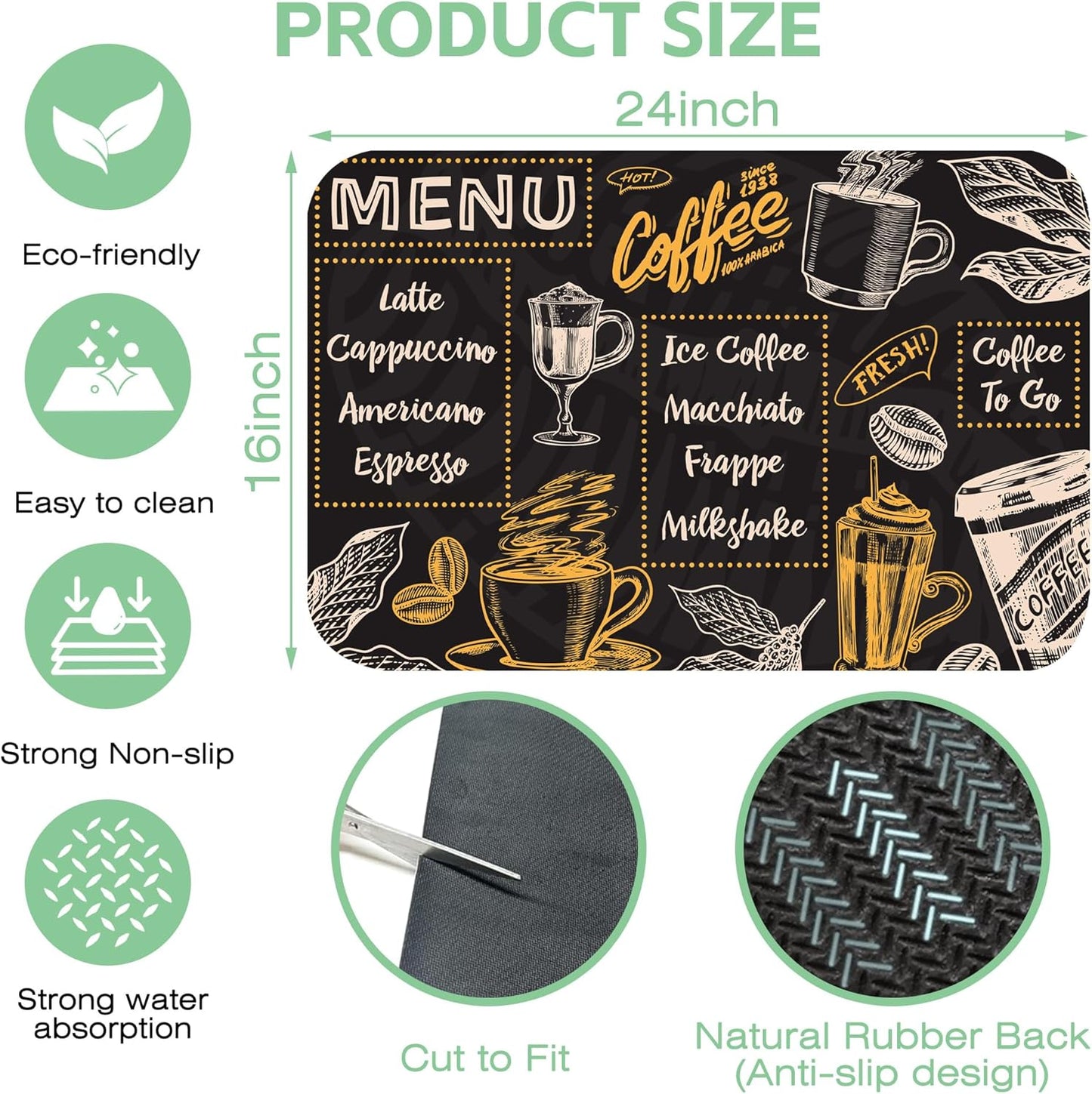 Vintage Coffee Poster Dish Drying Mat,16"X24" Absorbent Fast Dish Drying Mat for Kitchen Counter Pot and Pan, Kitchen Accessories