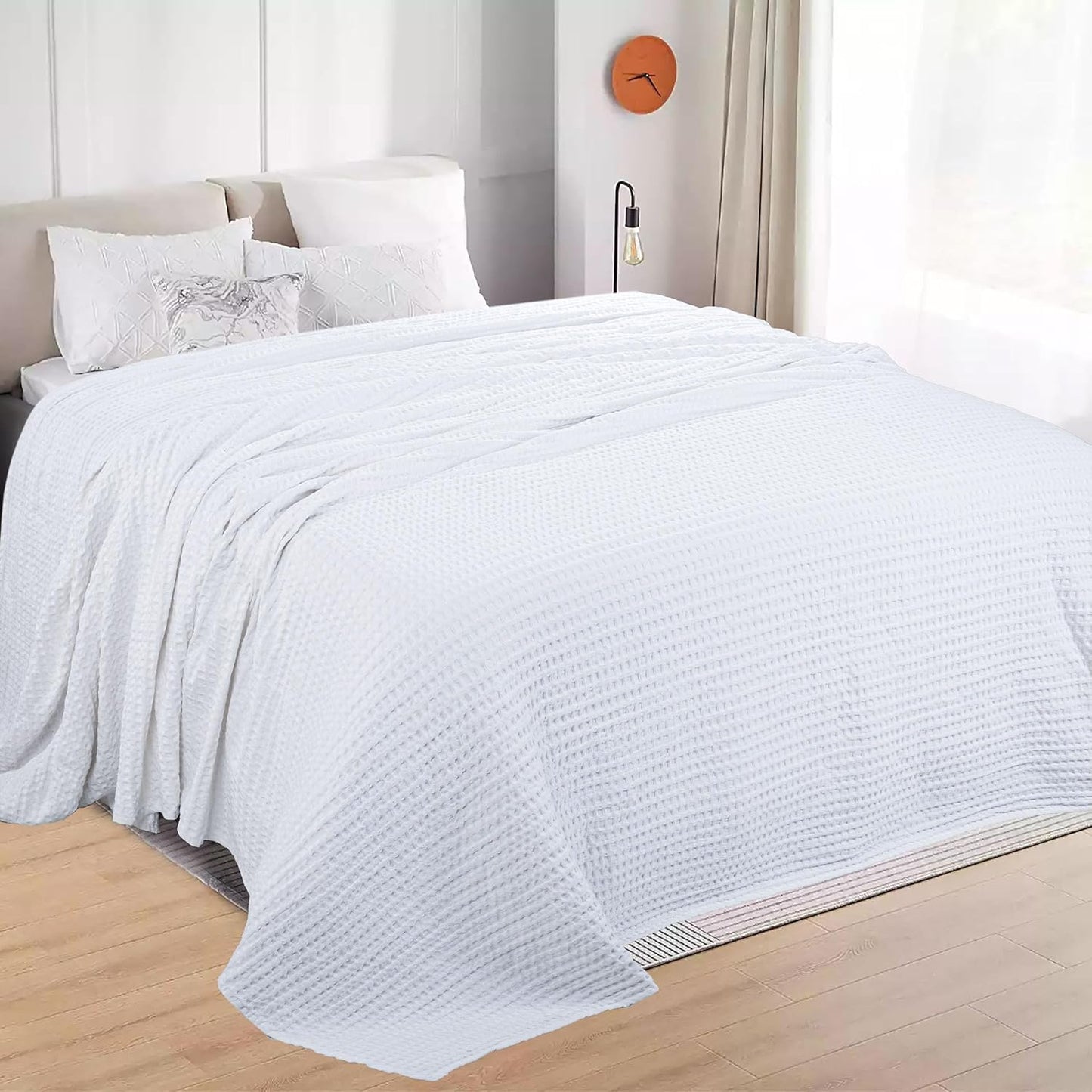 HILLFAIR 100% Cotton Blanket- 120"x120" XXL Oversized King Bed Blankets- Family Size 10 ft x 10 ft Big- Waffle Blankets- All Season Soft Breathable- Extra Large King Cotton Blanket for Bed- White