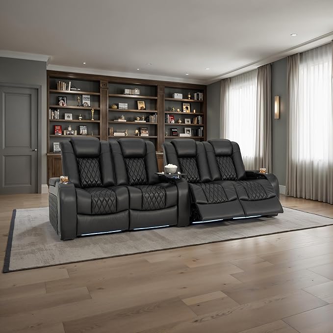 Seatcraft Diamante Zero-Gravity CoolZero Italian Leather Home Theater Seating, Power Headrest, Power Recline, Row of 4 Dual Loveseats, Black