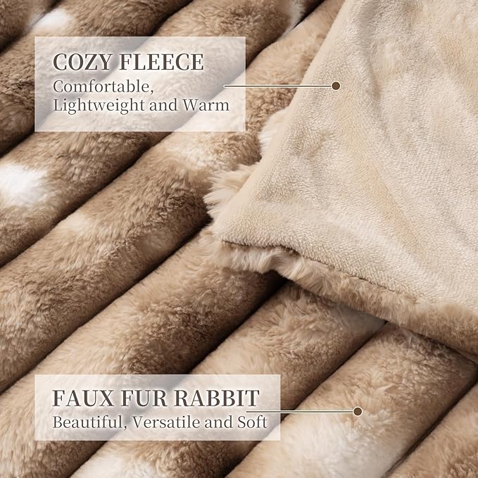 Throw Blanket for Couch - 60" x 80" Faux Rabbit Fur Throw Blanket Cozy Soft Warm Blankets for Bed Sofa Bedroom Living Room Fluffy Striped Blankets for Fall Winter, Home Decor, Brown