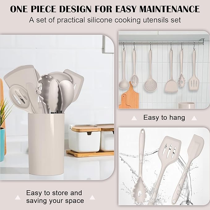 HaWare Kitchen Utensils, 14 PCS Silicone Cooking Utensils Set, Heat Resistant Kitchen Utensils for Non-stick Cookware, Kitchen Gadgets Tools with Spoons, Spatulas, Whisk, Dishwasher Safe (Khaki)