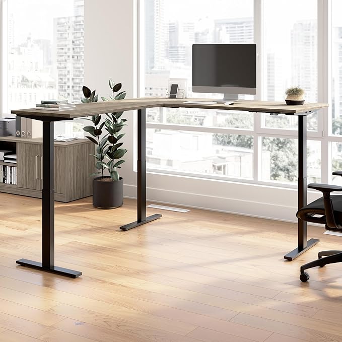 Bush Business Furniture 72-inch Height Adjustable L Shaped Standing Desk, Electric Sit-Stand Corner Computer Table, Ergonomic Office, Move 60 Series, Modern Hickory with Black Base