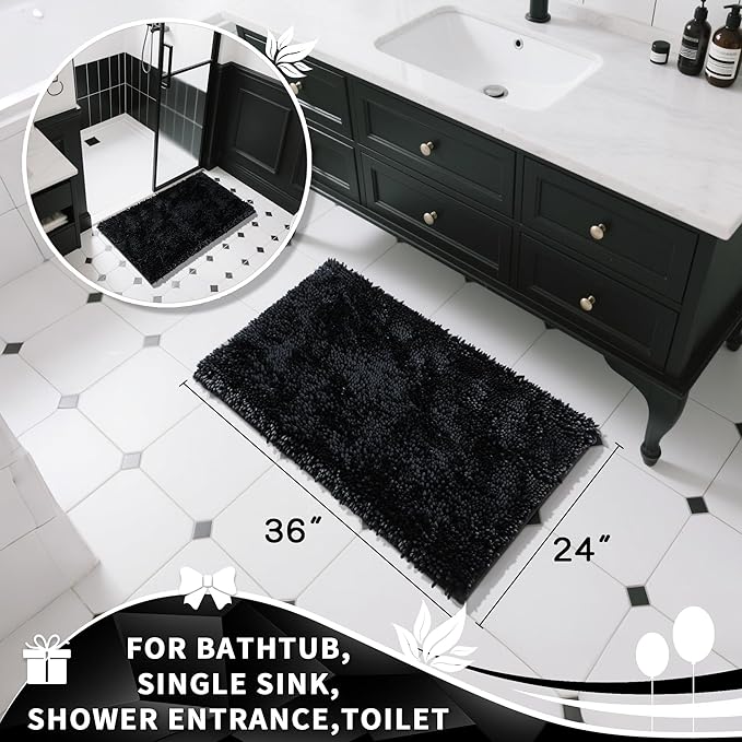 Yimobra Large Bathroom Rug Non Slip 36x24 Inch, Extra Thick Soft Absorbent Chenille Bath Mat, Machine Washable Quick Dry Bath Rugs for Bathroom Floor, Tub and Shower, Home Decor Accessories, Black
