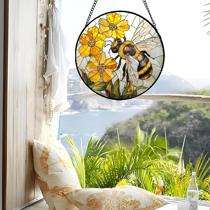Stained Glass Window Hanging - Yellow Bees Gathering Flowers Sun Catcher for Door Garden Home Decor Cute Suncatcher Christmas Mother's Day Birthday Gifts for Women Men Mom Nana 7.8 in