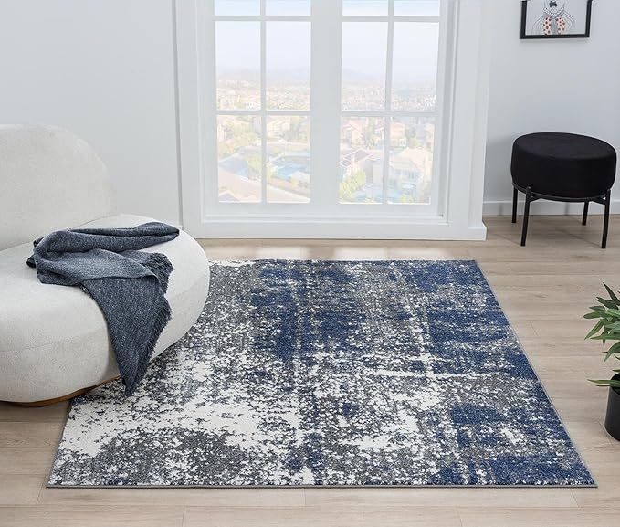 Keen Home Design Area Rugs - 5ft Round Non-Shedding, Abstract Rugs for Kitchen, Living Room, Bedroom, Dining Room, Entryway - Size: 5'3" Square, Navy/Grey/White