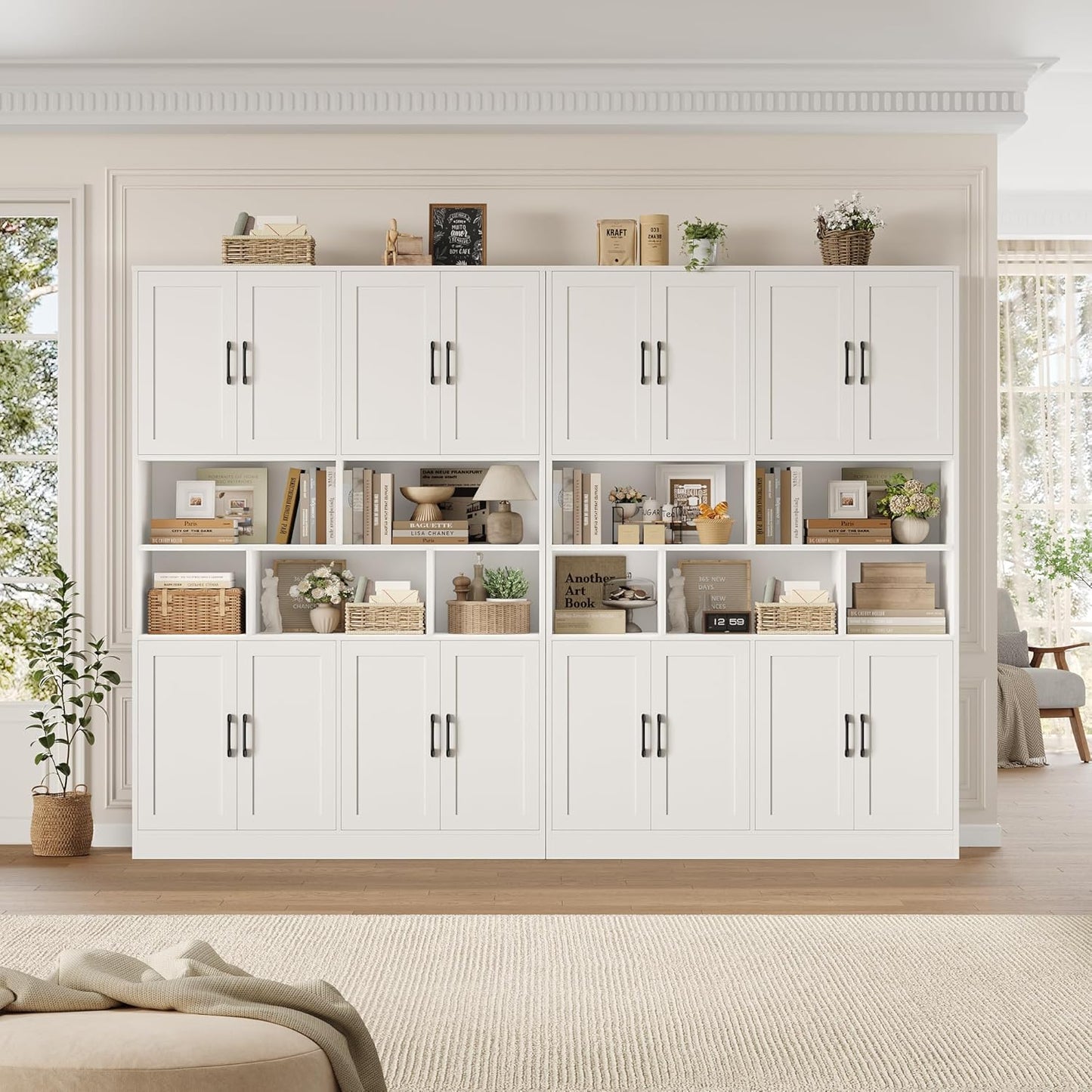 HORSTORS 71" Tall Storage Cabinet, Large Kitchen Cabinet with Deep Shelves and Doors, 47" Freestanding Display Shelf with Storage for Home Office, Living Room, White