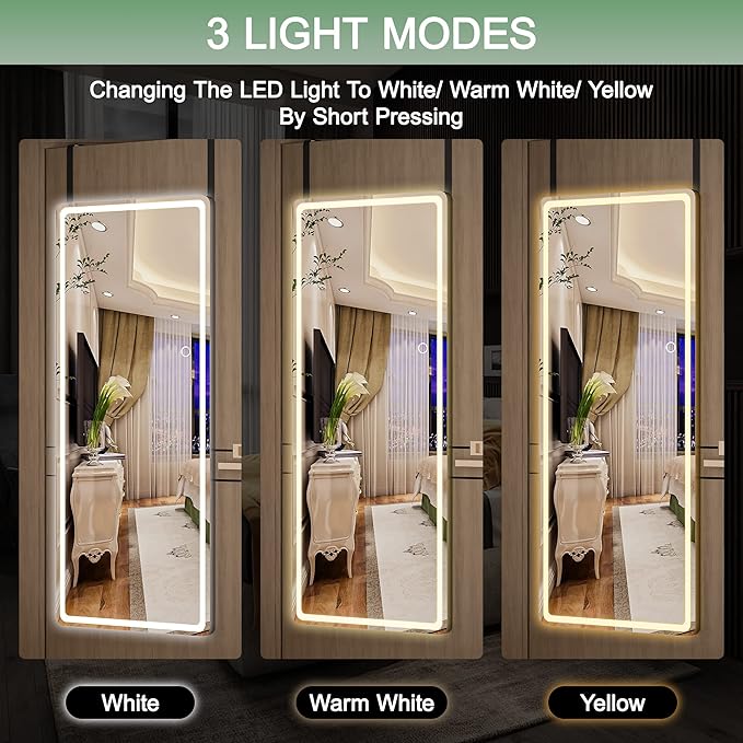 Hasipu 47 x 18 Over The Door Full Length Mirror with Lights for Bedroom, Living Room, Cloakroom, Black