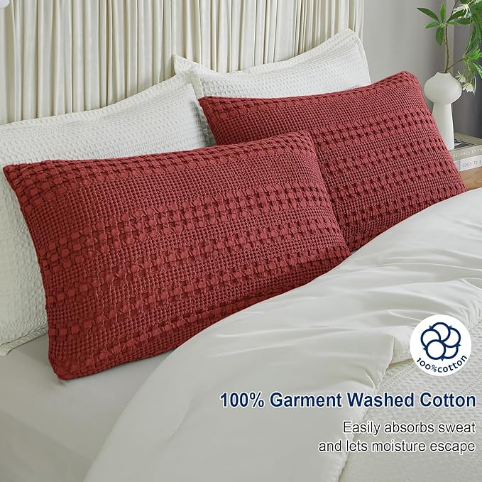 PHF Waffle Weave Pillow Shams Queen Size, 2 Pack 100% Cotton Pillowcases 20" x 30", No Insert, Soft & Breathable Aesthetic Woven Pillow Case Covers for Bedroom Decor, Wine Red