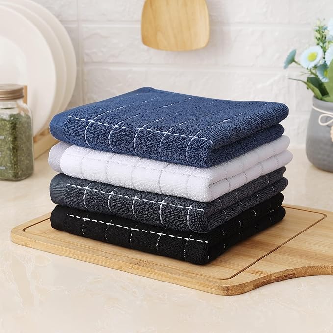 Homaxy 100% Cotton Terry Kitchen Towels(Navy+Grey+Black, 13 x 28 inches), Checkered Designed, Soft and Super Absorbent Dish Towels, 6 Pack