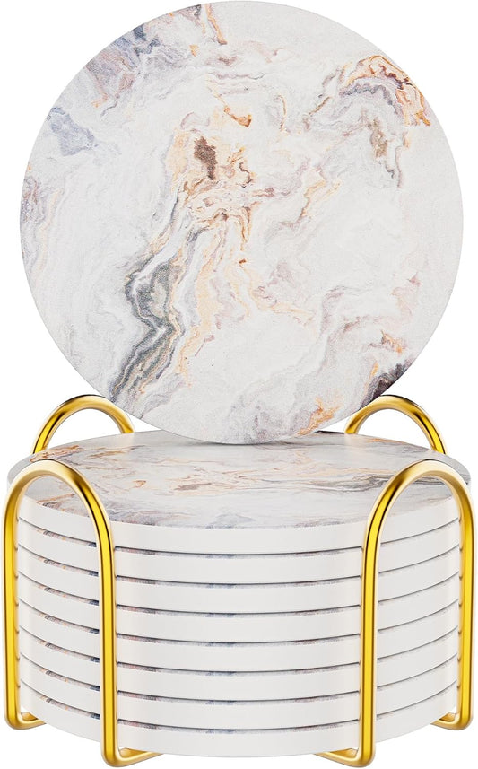 Coasters for Drinks Set of 8, Absorbent Abstract Sand Marble with Metal Golden Holder, Ceramic Coaster Set Cup Mat for Home Decor, Bar, Kitchen, Party