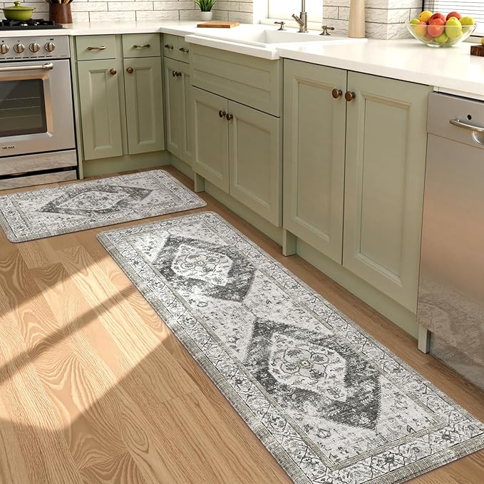 KIMODE Kitchen Mat for Floor Anti Fatigue Cushioned, 20"x59"+20"x32" Boho Oriental Kitchen Runner Rug, Non Skid Padded Kitchen Floor Mat, Comfort Standing Desk Mats for Laundry Office Sink Grey