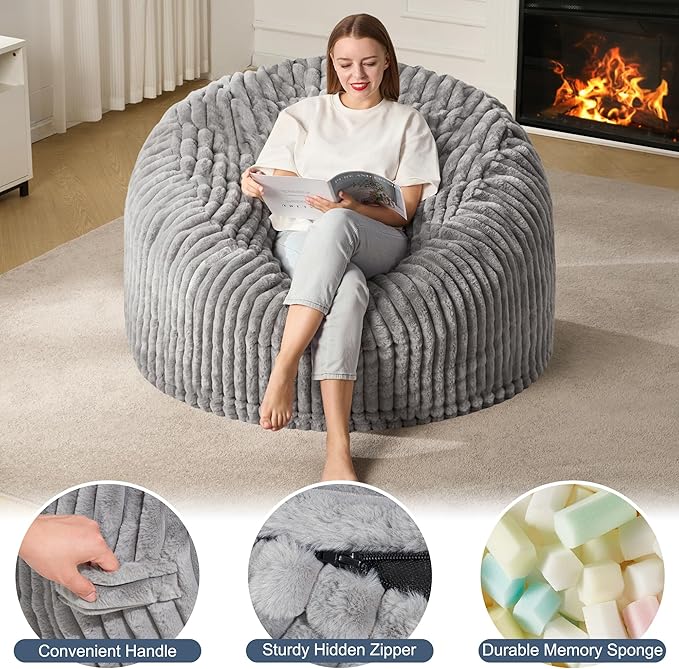 Hobestluk 4ft Bean Bag Chairs for Adults Large Beanbag Chair with Dutch Corded Plush Cover Big Bean Bag Chair for Living Room Bedroom Dorm Office - Grey (44" x 44" x 24")