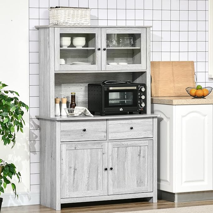 HOMCOM 63.5" Kitchen Buffet with Hutch, Pantry Storage Cabinet with 4 Shelves, Drawers, Framed Glass Doors, Open Microwave Countertop, Ash Grey