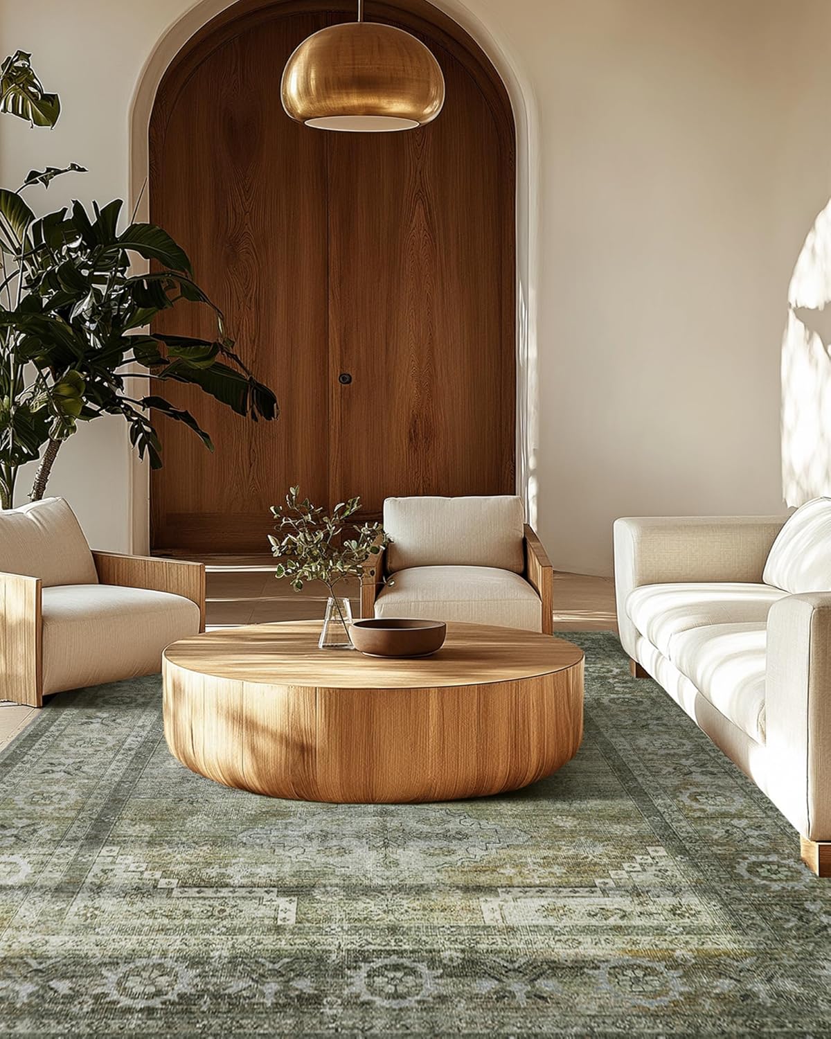 Area Rugs 8x10 for Living Room Bedroom, Modern Boho Machine Washable Large Distressed Light Greyish Sage Green Rug, Low Pile Floor Carpet with Non Slip Backing for Dining Room