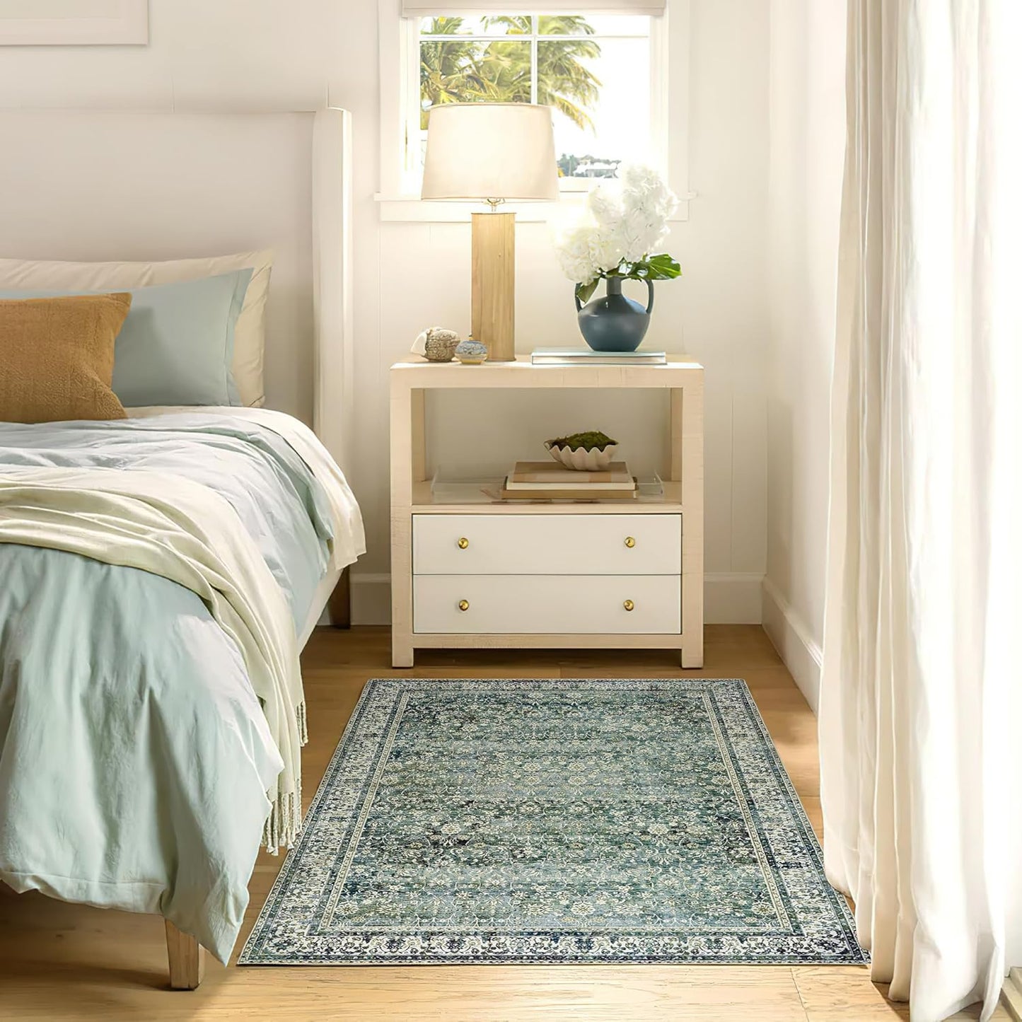 Dark Green Boho Front Door Mat for Indoor Entrance Washable Non Slip Cute Vintage Floral Aesthetic Area Rugs for Entryway Entry 4x6