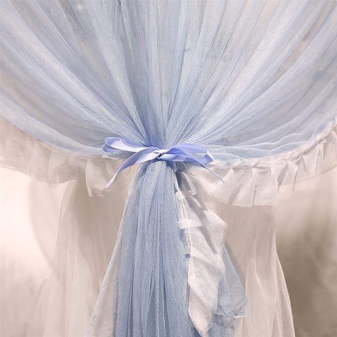 VETHIN 4 Corners Post Ruffle Princess Bed Canopy Curtain-Double Layer Cozy Drape Netting 4 Opening Mosquito Net for Girls Adults Bedroom Decoration (Gray/White, 53" W*78" L*82"*H/(Full))
