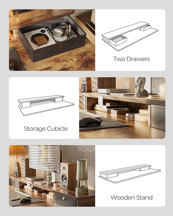 FEZIBO 60 x 24 Inch Height Adjustable Electric Standing Desk with Double Drawer, Computer Desk, Home Office Stand Up Table with 4 Height-Adjustable Feets & 2 Hooks, Rustic Brown