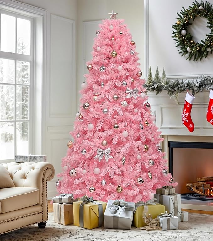 DWVO 7.5ft Pre-lit Christmas Tree with Lights, Pink Prelit Atificial Trees with 1350 Tips & 550 UL Listed Lights, Automatic Branches & Easy Assembly for Home Party